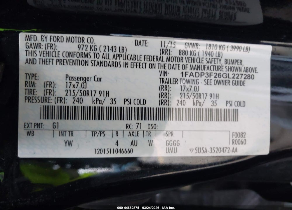 2016 FORD FOCUS SE VIN: 1FADP3F26GL227280