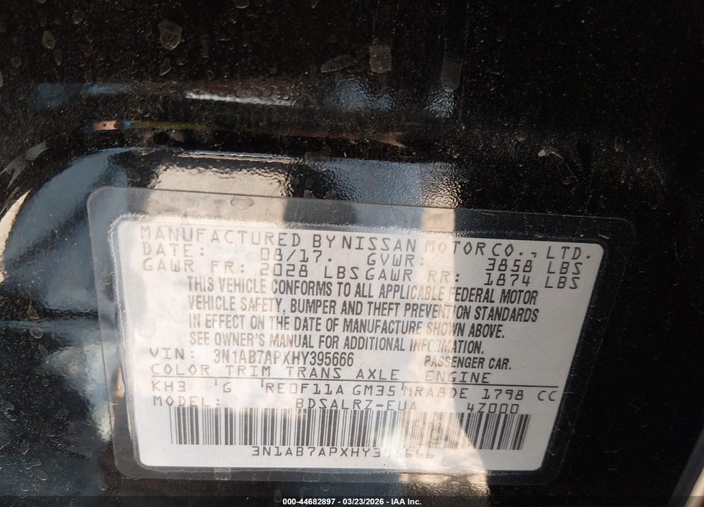 2017 NISSAN SENTRA SR VIN: 3N1AB7APXHY395666