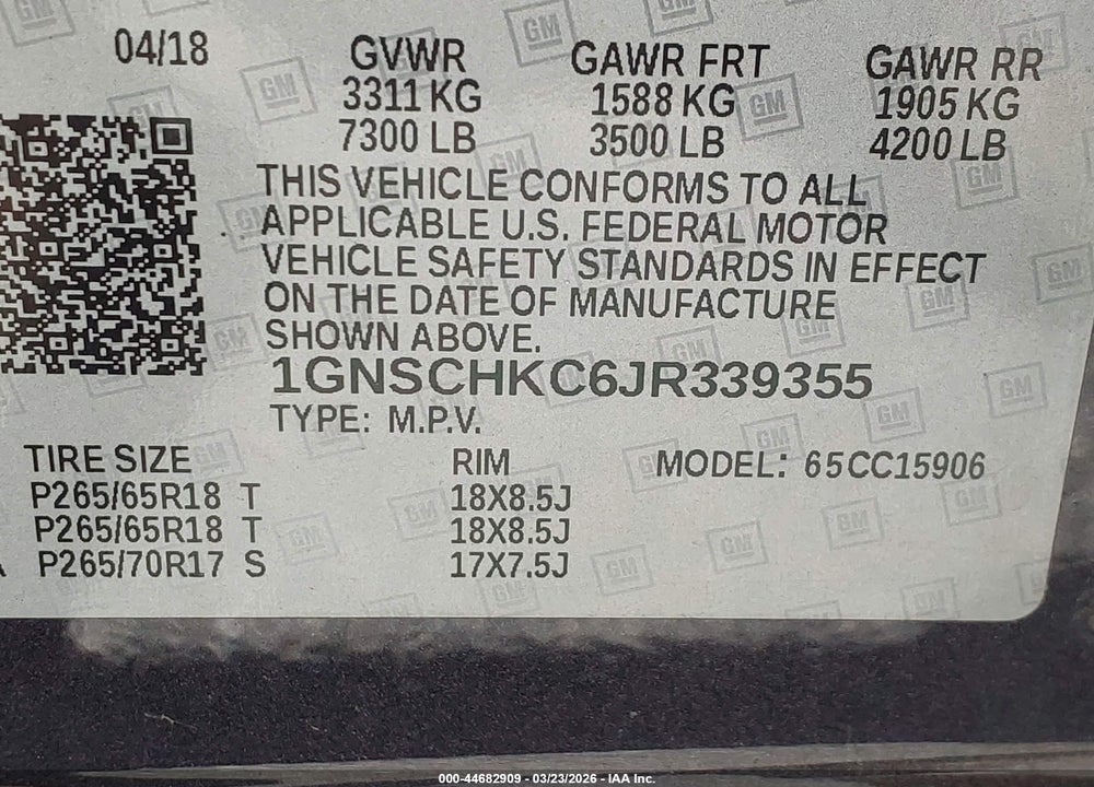 2018 CHEVROLET SUBURBAN LT VIN: 1GNSCHKC6JR339355