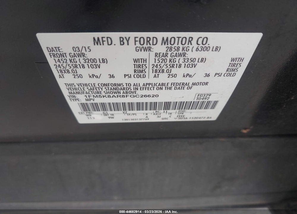 2015 FORD UTILITY POLICE INTERCEPTOR VIN: 1FM5K8AR8FGC26620