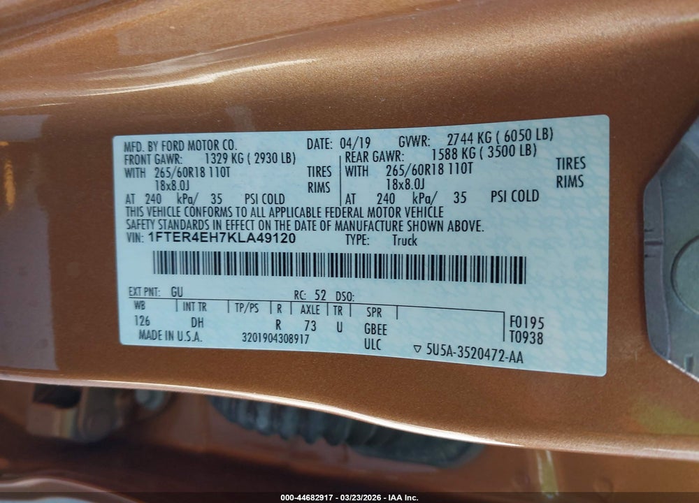 2019 FORD RANGER LARIAT VIN: 1FTER4EH7KLA49120