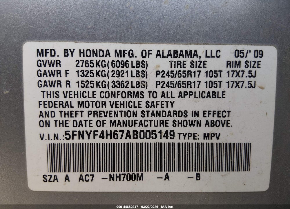 2010 HONDA PILOT EX-L VIN: 5FNYF4H67AB005149