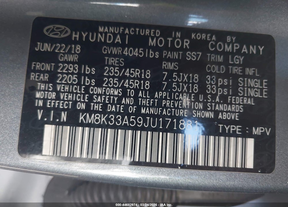 2018 HYUNDAI KONA LIMITED VIN: KM8K33A59JU171881