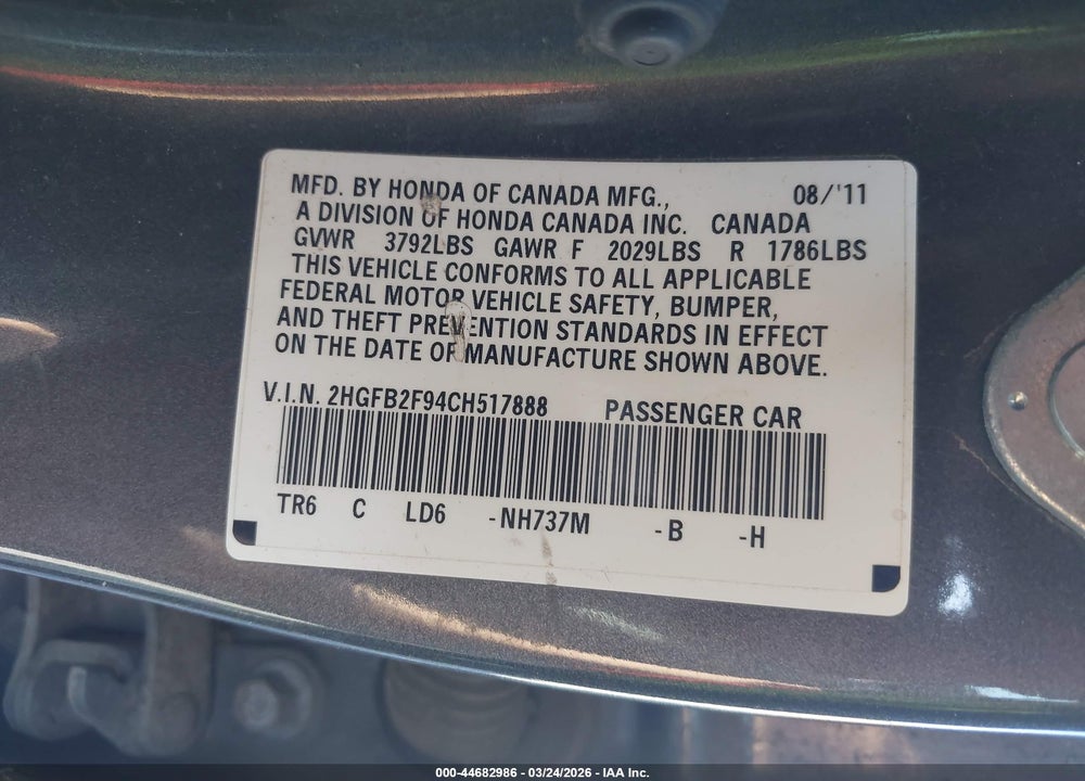 2012 HONDA CIVIC EX-L VIN: 2HGFB2F94CH517888