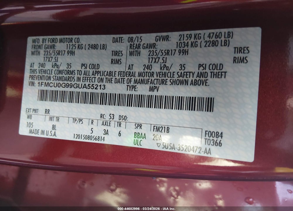 2016 FORD ESCAPE SE VIN: 1FMCU0G99GUA55213