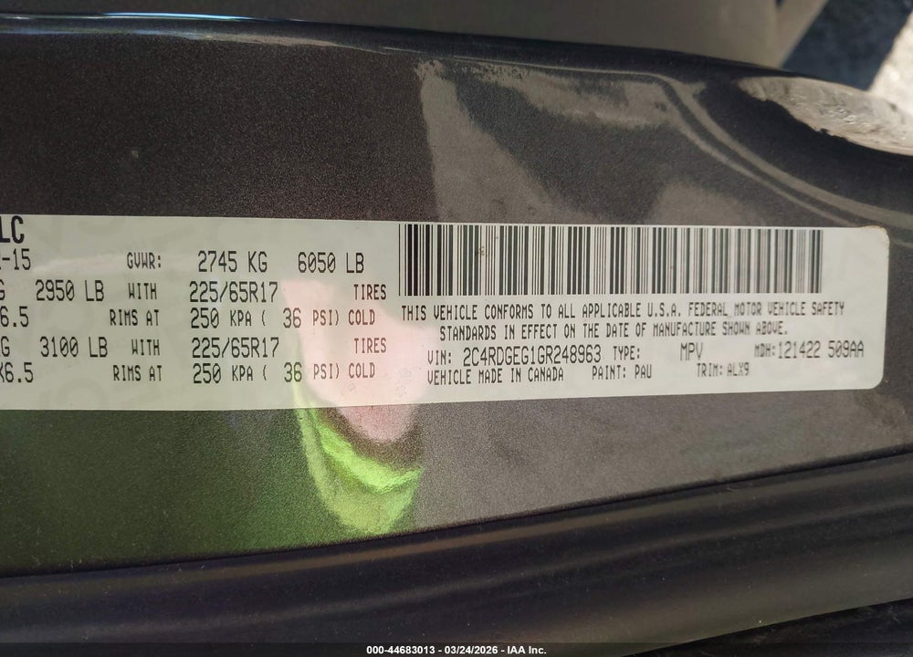 2016 DODGE GRAND CARAVAN R/T VIN: 2C4RDGEG1GR248963