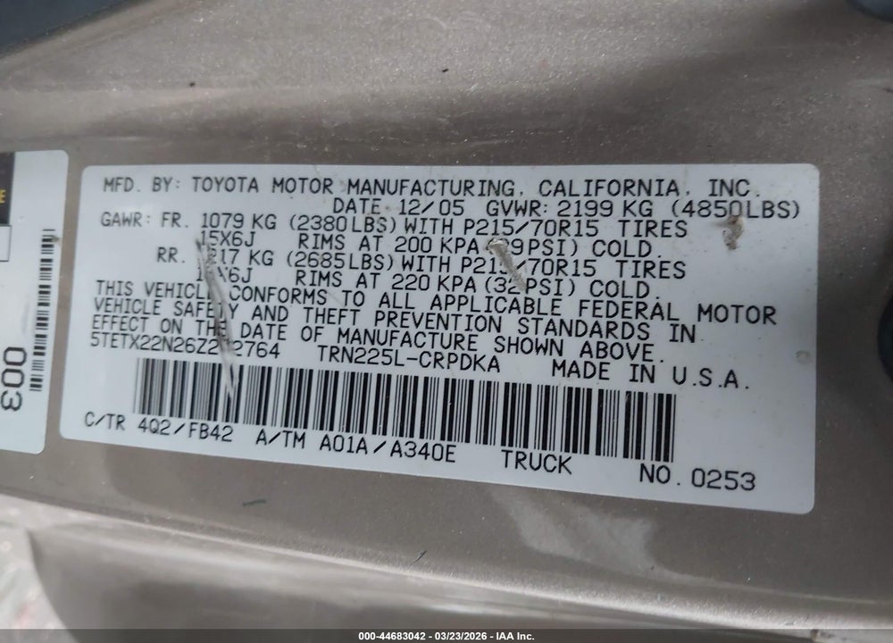 2006 TOYOTA TACOMA VIN: 5TETX22N26Z202764