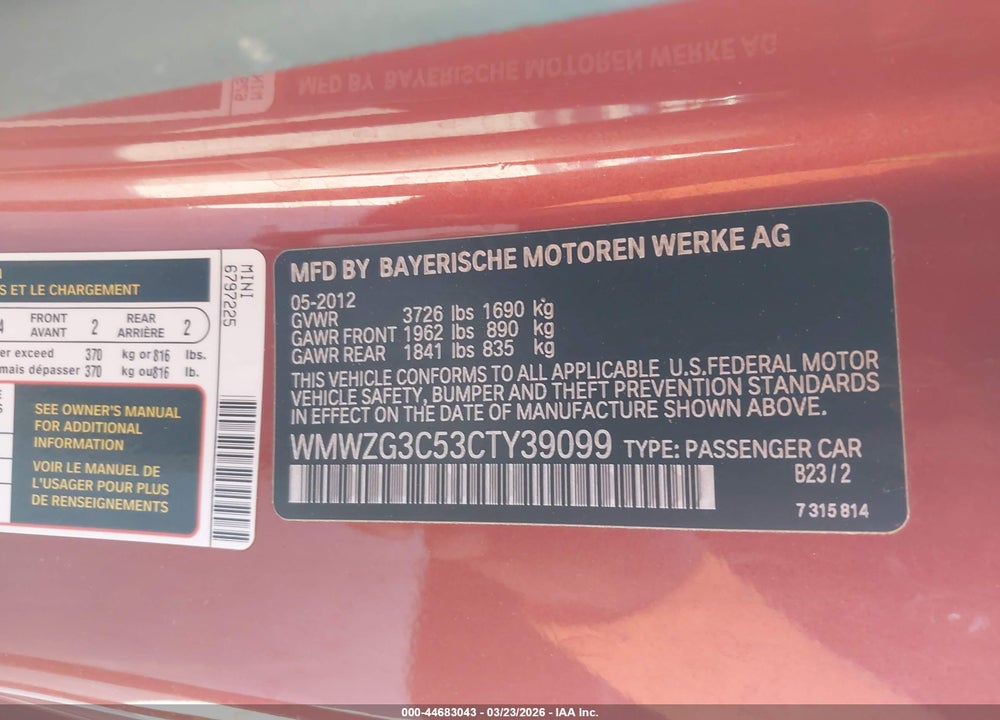 2012 MINI COOPER S CLUBMAN VIN: WMWZG3C53CTY39099