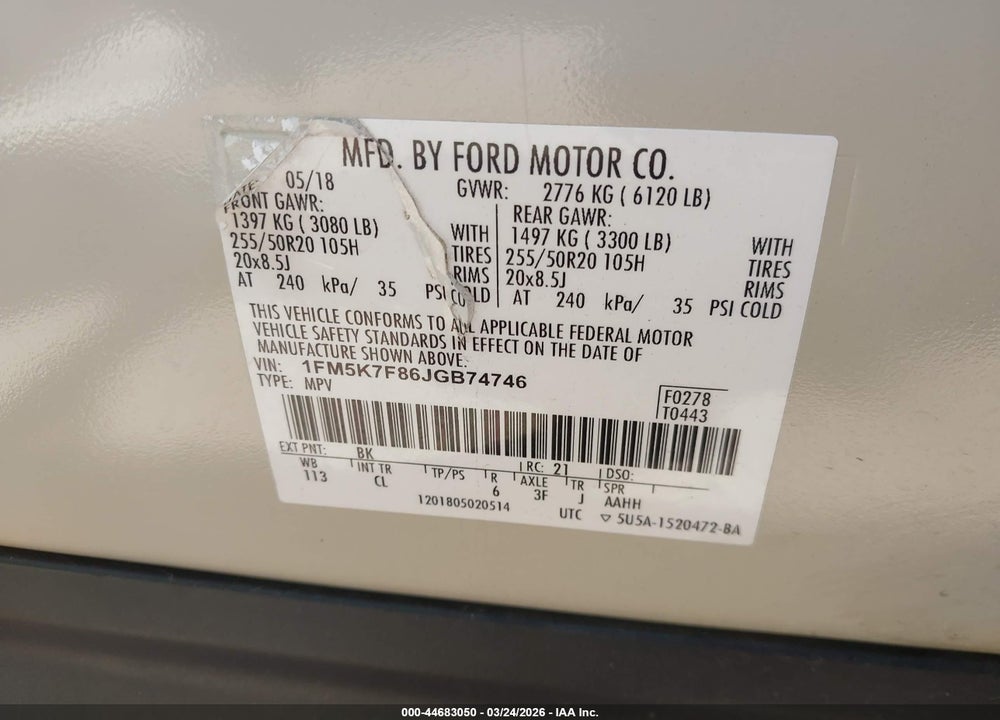 2018 FORD EXPLORER LIMITED VIN: 1FM5K7F86JGB74746