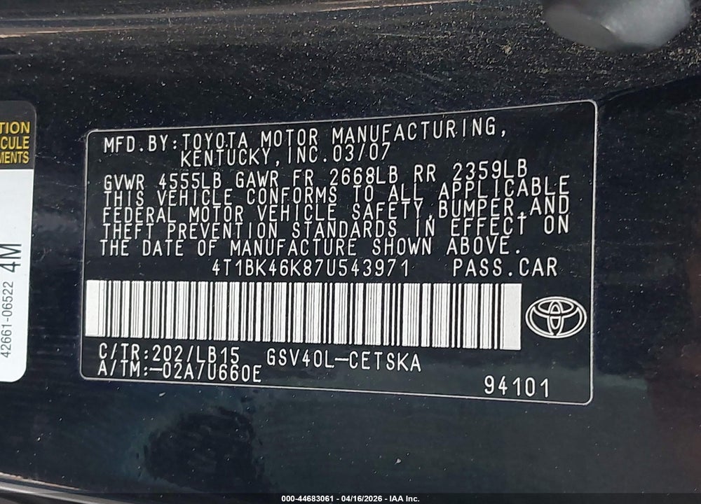 2007 TOYOTA CAMRY SE V6 VIN: 4T1BK46K87U543971