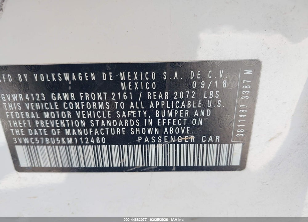 2019 VOLKSWAGEN JETTA 1.4T R-LINE/1.4T S/1.4T SE VIN: 3VWC57BU5KM112460