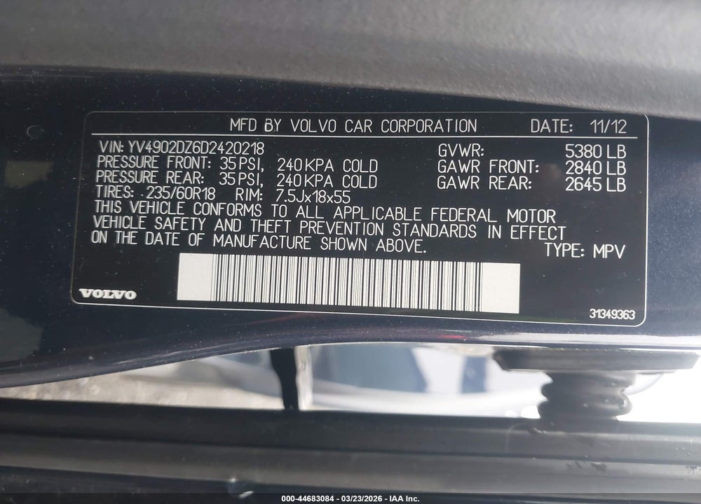 2013 VOLVO XC60 T6 VIN: YV4902DZ6D2420218