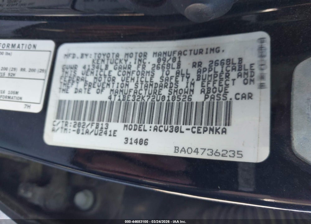 2002 TOYOTA CAMRY LE VIN: 4T1BE32K72U010526