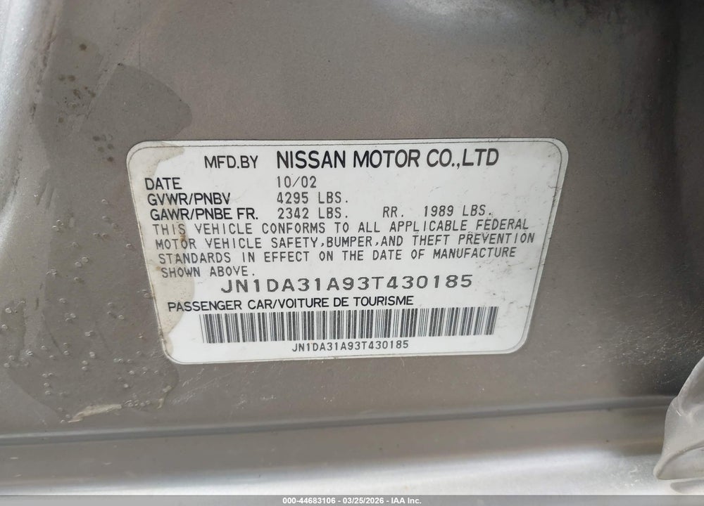 2003 NISSAN MAXIMA GLE VIN: JN1DA31A93T430185