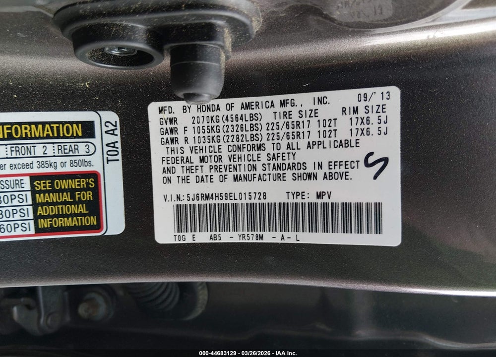 2014 HONDA CR-V EX VIN: 5J6RM4H59EL015728
