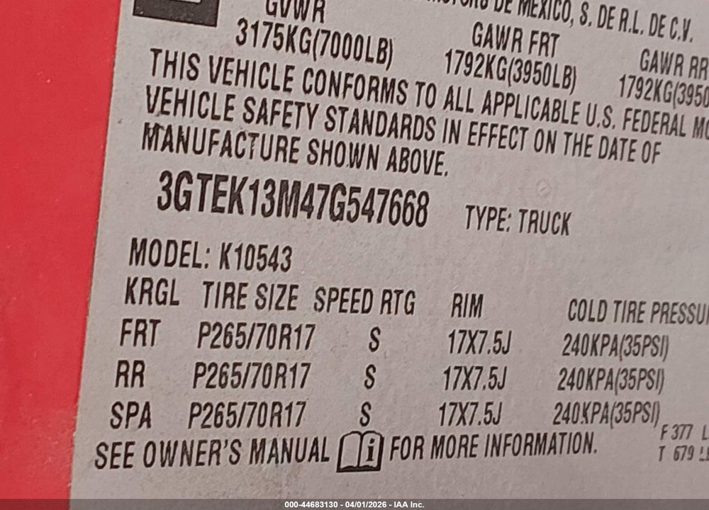 2007 GMC SIERRA 1500 SLE1 VIN: 3GTEK13M47G547668