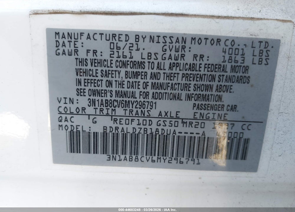 2021 NISSAN SENTRA SV XTRONIC CVT VIN: 3N1AB8CV6MY296791
