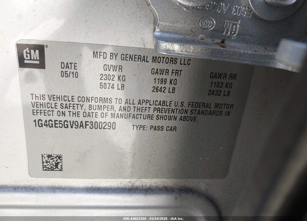 2010 BUICK LACROSSE CXS VIN: 1G4GE5GV9AF300290