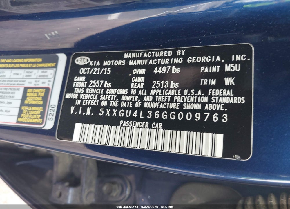 2016 KIA OPTIMA EX VIN: 5XXGU4L36GG009763