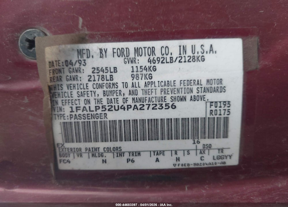 1993 FORD TAURUS GL VIN: 1FALP52U4PA272356