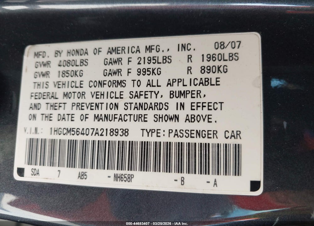2007 HONDA ACCORD 2.4 LX VIN: 1HGCM56407A218938