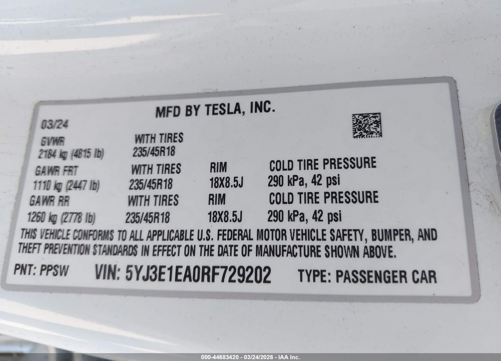 2024 TESLA MODEL 3 LONG RANGE DUAL MOTOR ALL-WHEEL DRIVE/REAR-WHEEL DRIVE VIN: 5YJ3E1EA0RF729202
