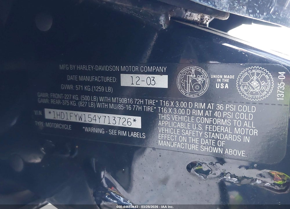 2004 HARLEY-DAVIDSON FLHRSI VIN: 1HD1FYW154Y713726