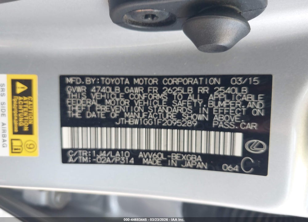 2015 LEXUS ES 300H VIN: JTHBW1GG1F2095289