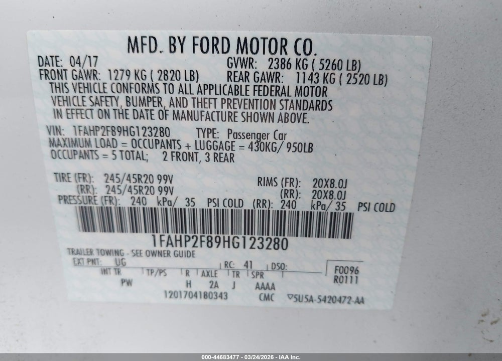 2017 FORD TAURUS LIMITED VIN: 1FAHP2F89HG123280