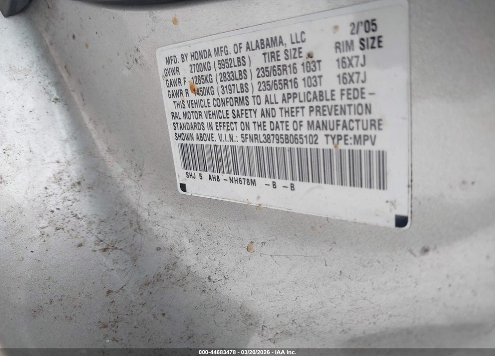 2005 HONDA ODYSSEY EX-L VIN: 5FNRL38795B065102