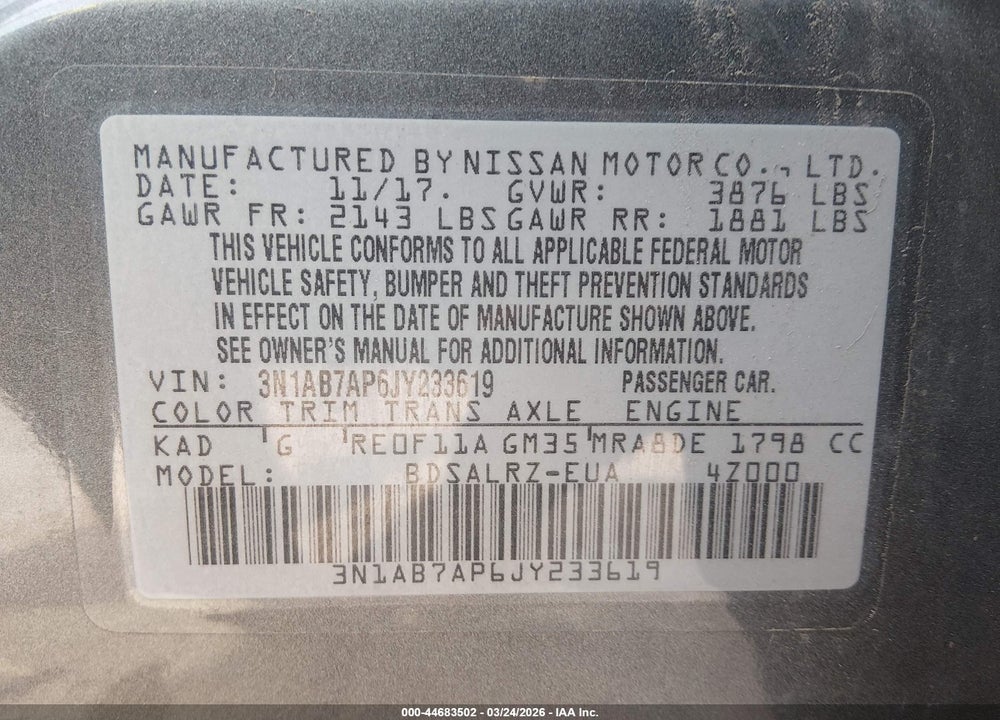 2018 NISSAN SENTRA SR VIN: 3N1AB7AP6JY233619
