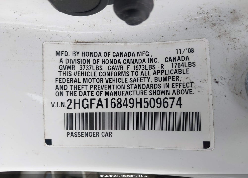 2009 HONDA CIVIC EX VIN: 2HGFA16849H509674