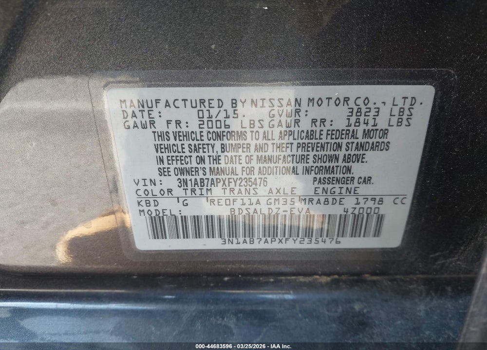 2015 NISSAN SENTRA SV VIN: 3N1AB7APXFY235476