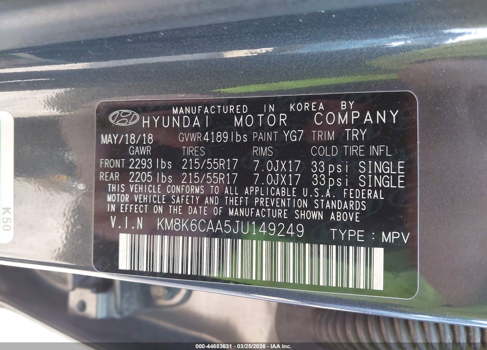 2018 HYUNDAI KONA SEL VIN: KM8K6CAA5JU149249