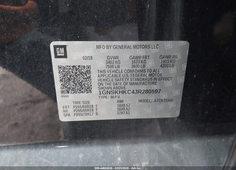 2018 CHEVROLET SUBURBAN LT VIN: 1GNSKHKC4JR280597