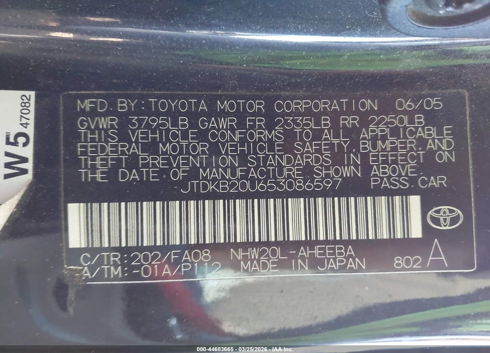 2005 TOYOTA PRIUS VIN: JTDKB20U653086597