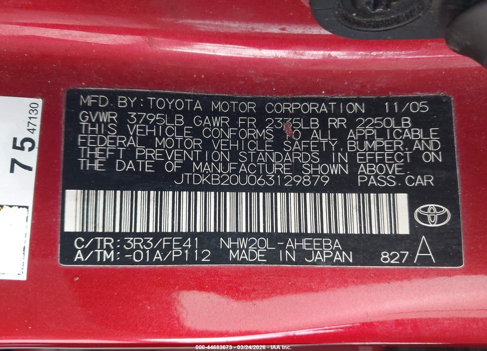 2006 TOYOTA PRIUS VIN: JTDKB20U063129879