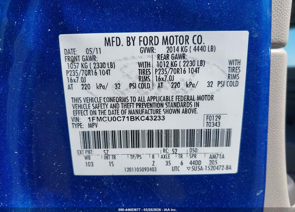 2011 FORD ESCAPE XLS VIN: 1FMCU0C71BKC43233