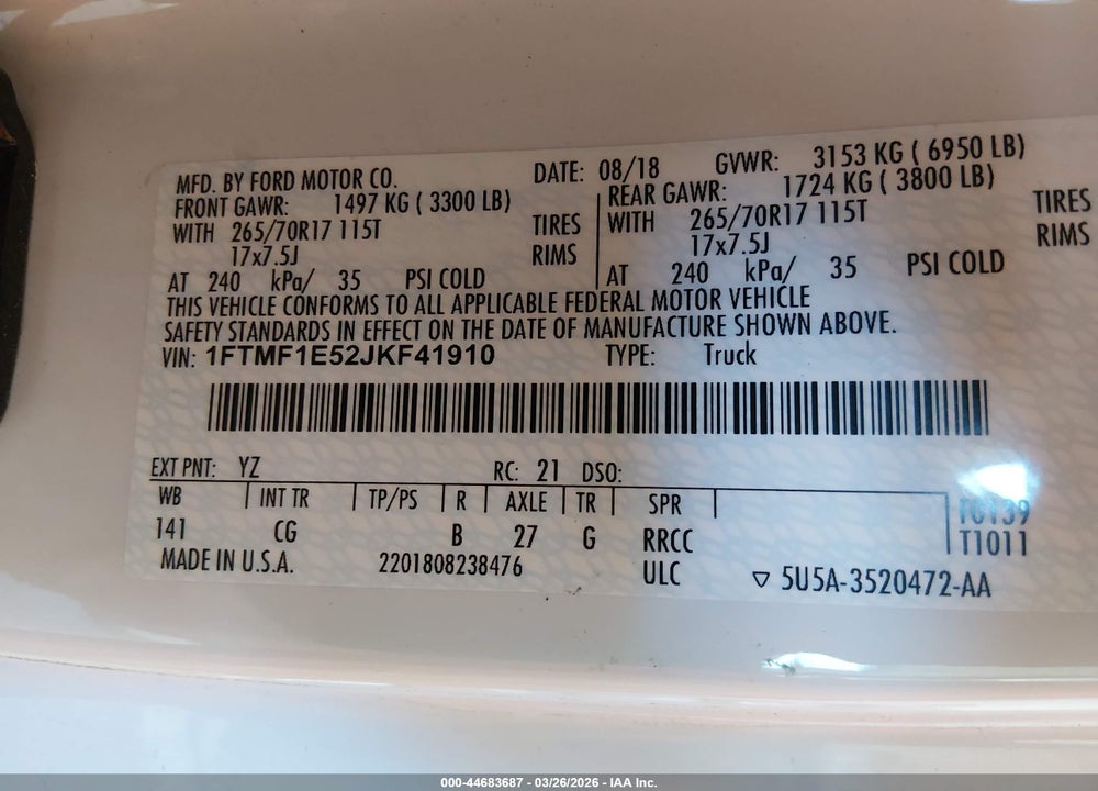 2018 FORD F-150 XL VIN: 1FTMF1E52JKF41910