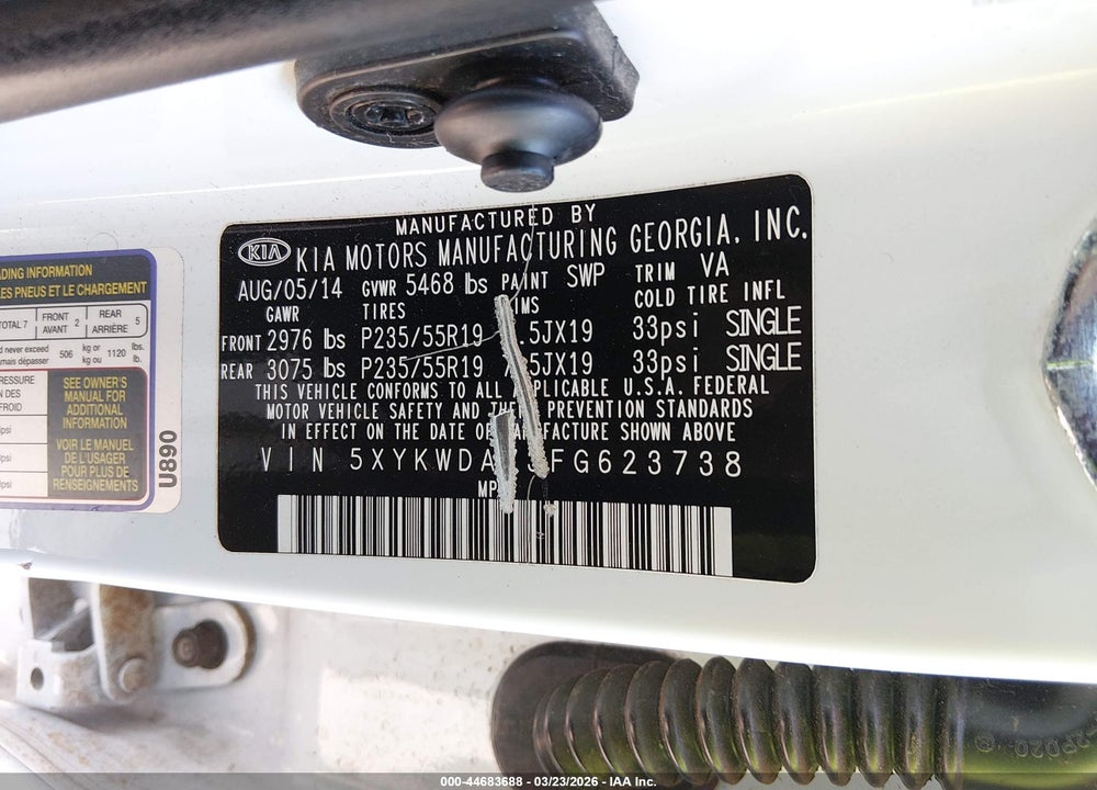 2015 KIA SORENTO LIMITED V6 VIN: 5XYKWDA73FG623738