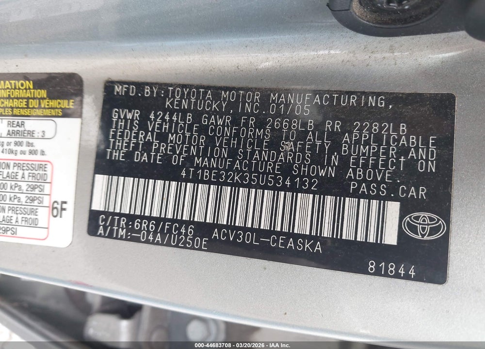 2005 TOYOTA CAMRY SE VIN: 4T1BE32K35U534132