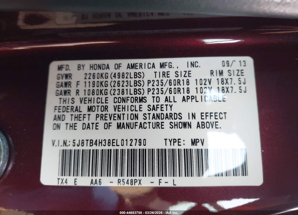 2014 ACURA RDX VIN: 5J8TB4H38EL012790