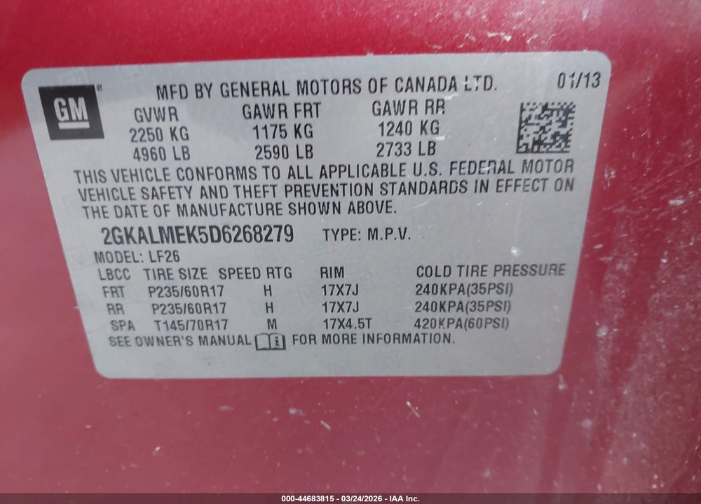 2013 GMC TERRAIN SLE-1 VIN: 2GKALMEK5D6268279