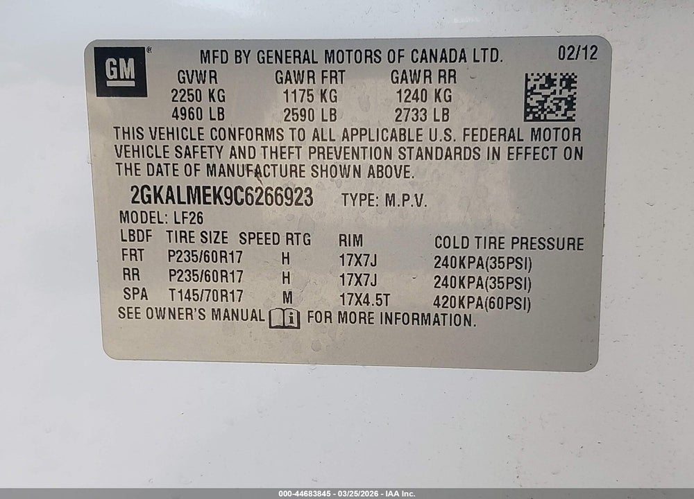 2012 GMC TERRAIN SLE-1 VIN: 2GKALMEK9C6266923