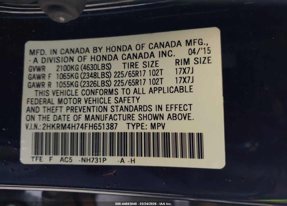 2015 HONDA CR-V EX-L VIN: 2HKRM4H74FH651387