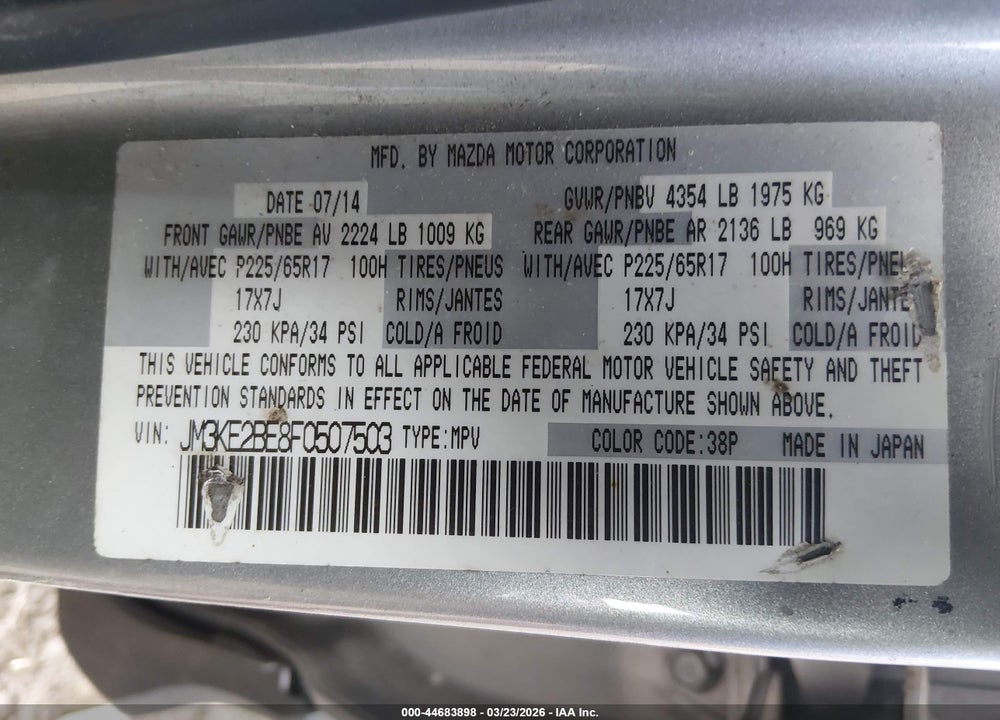 2015 MAZDA CX-5 SPORT VIN: JM3KE2BE8F0507503