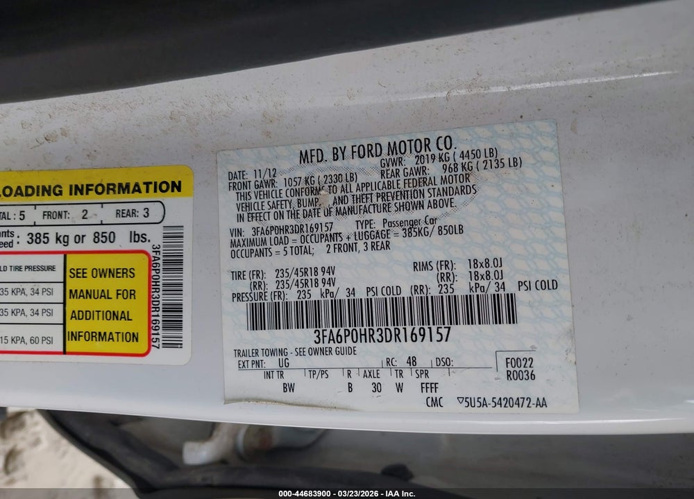 2013 FORD FUSION SE VIN: 3FA6P0HR3DR169157