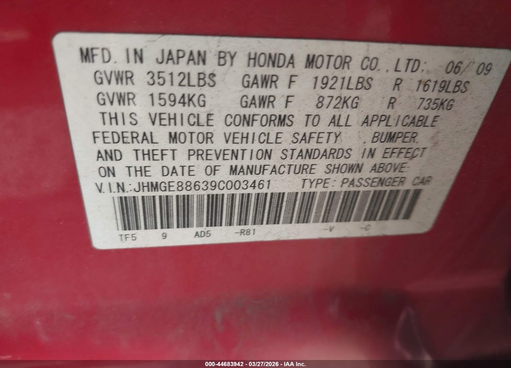 2009 HONDA FIT SPORT VIN: JHMGE88639C003461