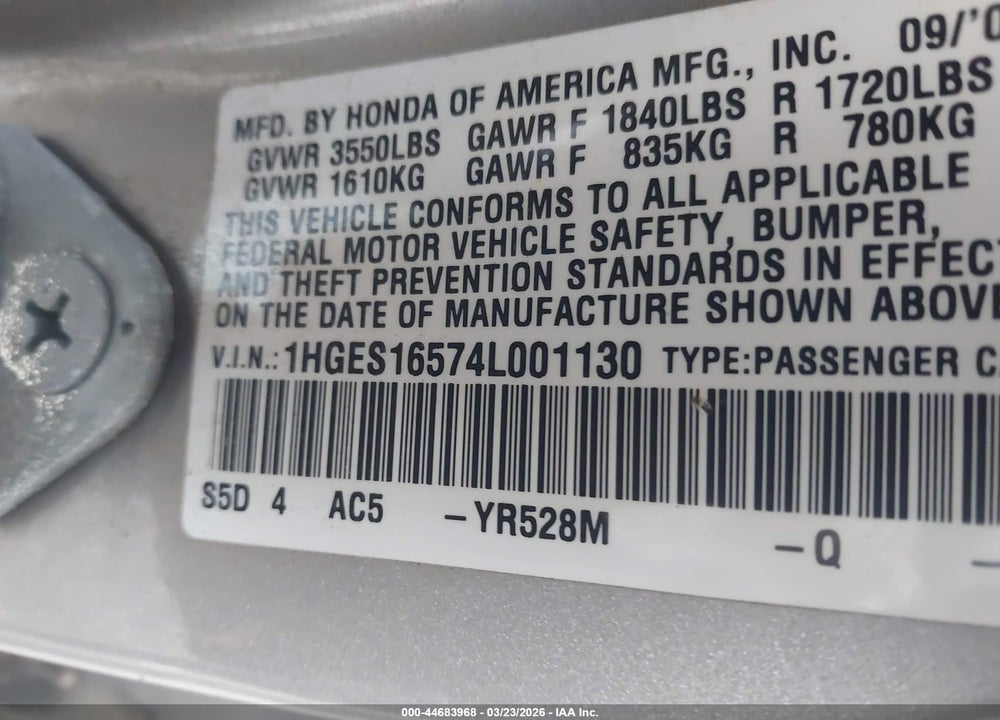 2004 HONDA CIVIC LX VIN: 1HGES16574L001130