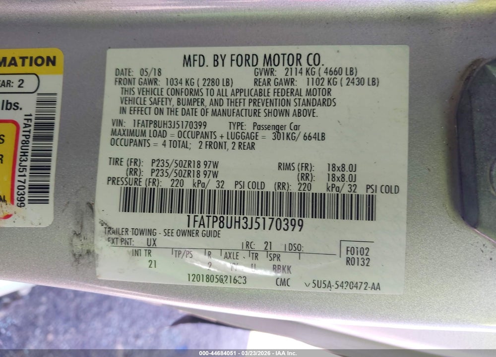 2018 FORD MUSTANG ECOBOOST VIN: 1FATP8UH3J5170399